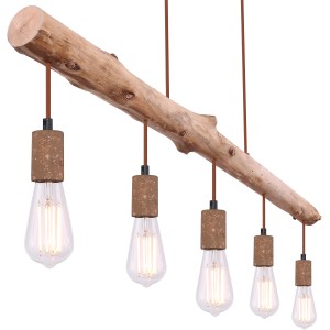 Rostfarbige Globo Pendelleuchte Jakob mit Holzbalken und fünf E27-Fassungen im Vintage-Stil.