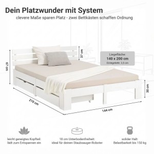 Weißes Homestyle4u Holzbett 140x200 cm mit Lattenrost, Kopfteil und zwei Bettkästen für Stauraum.