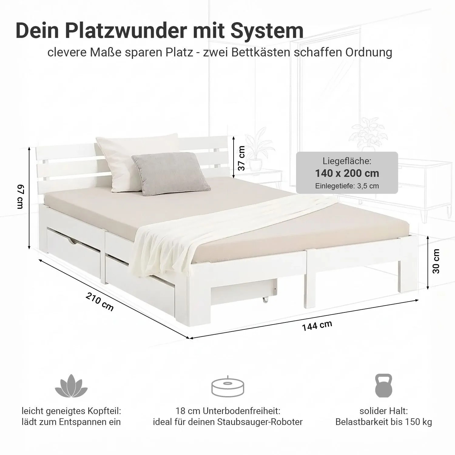 Homestyle4u Stauraumbett 140 x 200 cm Holz Weiß inkl. Lattenrost kaufen bei OBI
