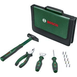 Bosch Easy Starter Werkzeugset, 14-teilig, mit Hammer, Zange, Schraubendreher, Flaschenöffner und Tasche.