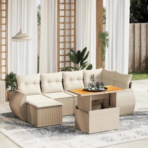 Beige 7-tlg. vidaXL Garten-Sofagarnitur mit Kissen aus Polyrattan. Inkl. Tisch, Sofas, Hocker und Kissen.