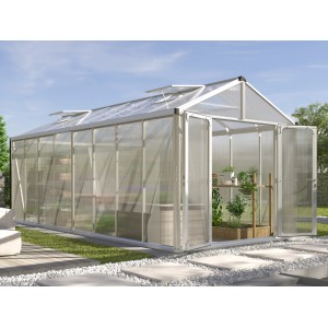 Vitavia Gewächshaus Zeus Comfort 15700 aus Aluminium mit geöffneten Türen und Pflanzen.