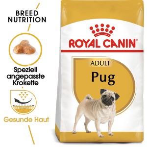 Royal Canin Pug Adult Trockenfutter 3kg für Möpse, zur Unterstützung der Hautgesundheit.