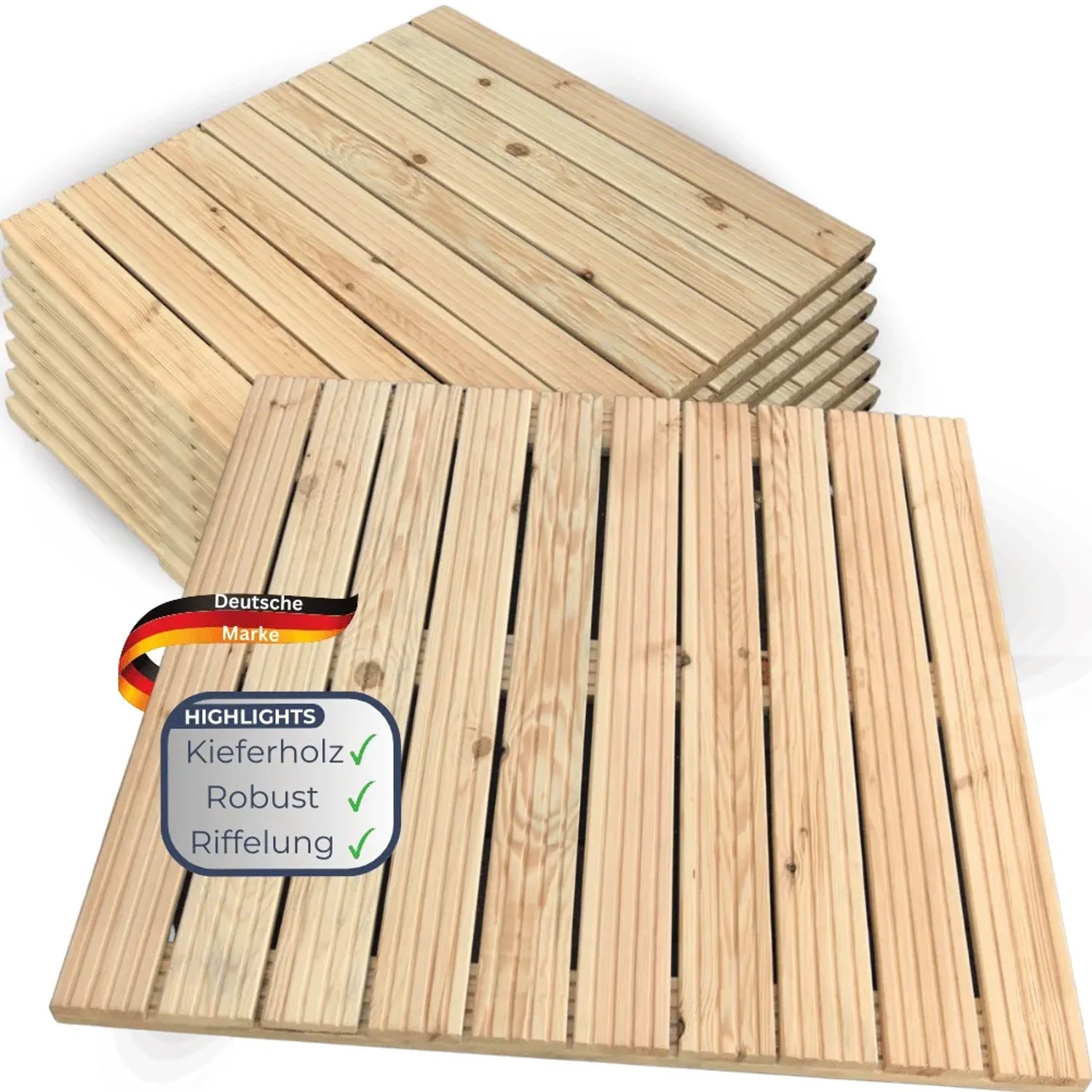 DELUKE Holzfliese Kiefernholz 95x95cm Fliese Geriffelt Terrassenfliese Holz Quadratisch Terrassendiele mit Unterkonstruktion Balkon Bodenfliese_7