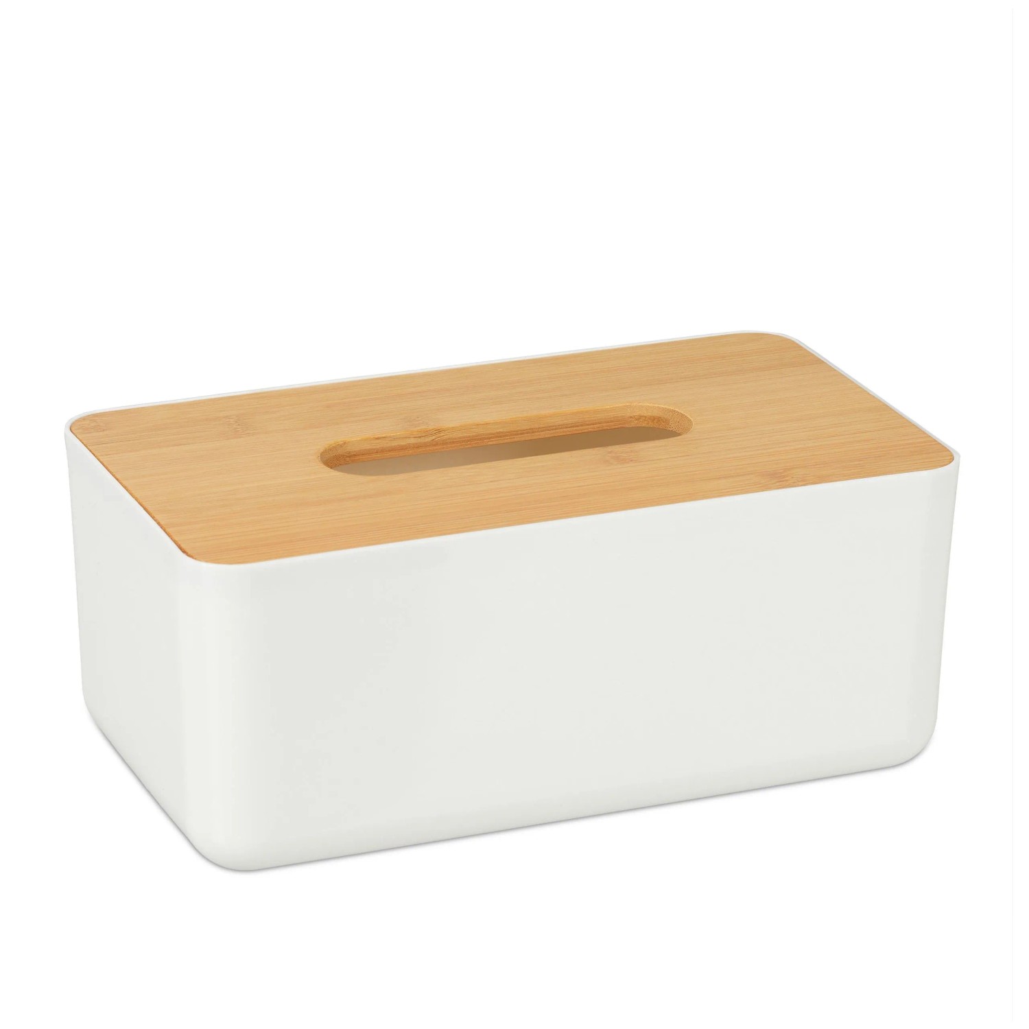 Relaxdays Tücherbox Kunststoff Bambus Weiß Mit Bambus Deckel 10 cm x 23 cm x 13 cm 0,34 kg