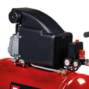Einhell Kompressor TC-AC 270/50/8: Rot lackierter Kompressor mit schwarzer Motorabdeckung und Manometern.