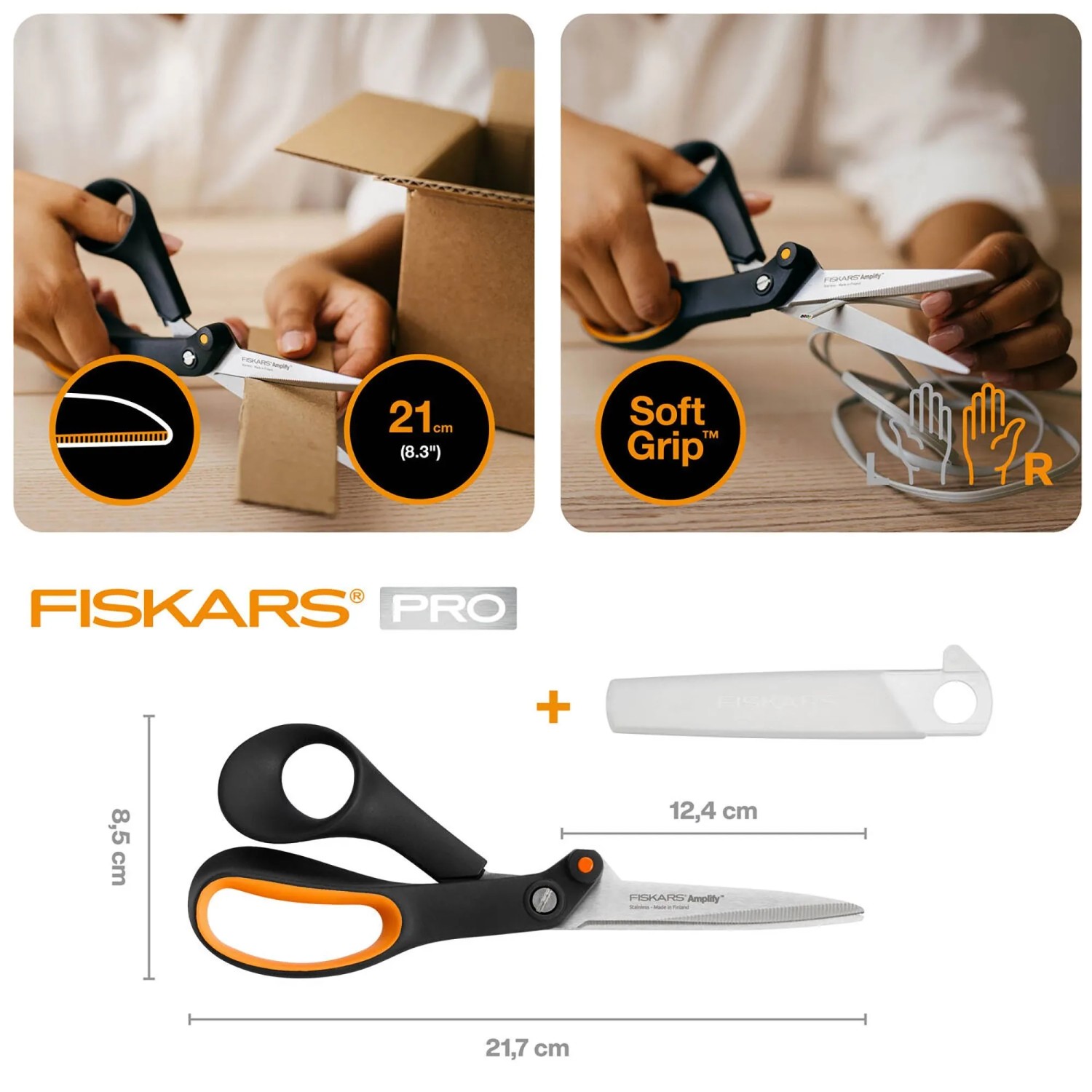 Fiskars Hardware-Schere Amplify Gezahnt, 21 cm, mit Schutzhülle und ergonomischem Griff.