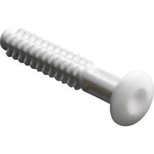 Weißer Hettich Kunststoff-Einschlagdübel mit Rillen, 6,9x39mm, für Verbindungsbeschläge.