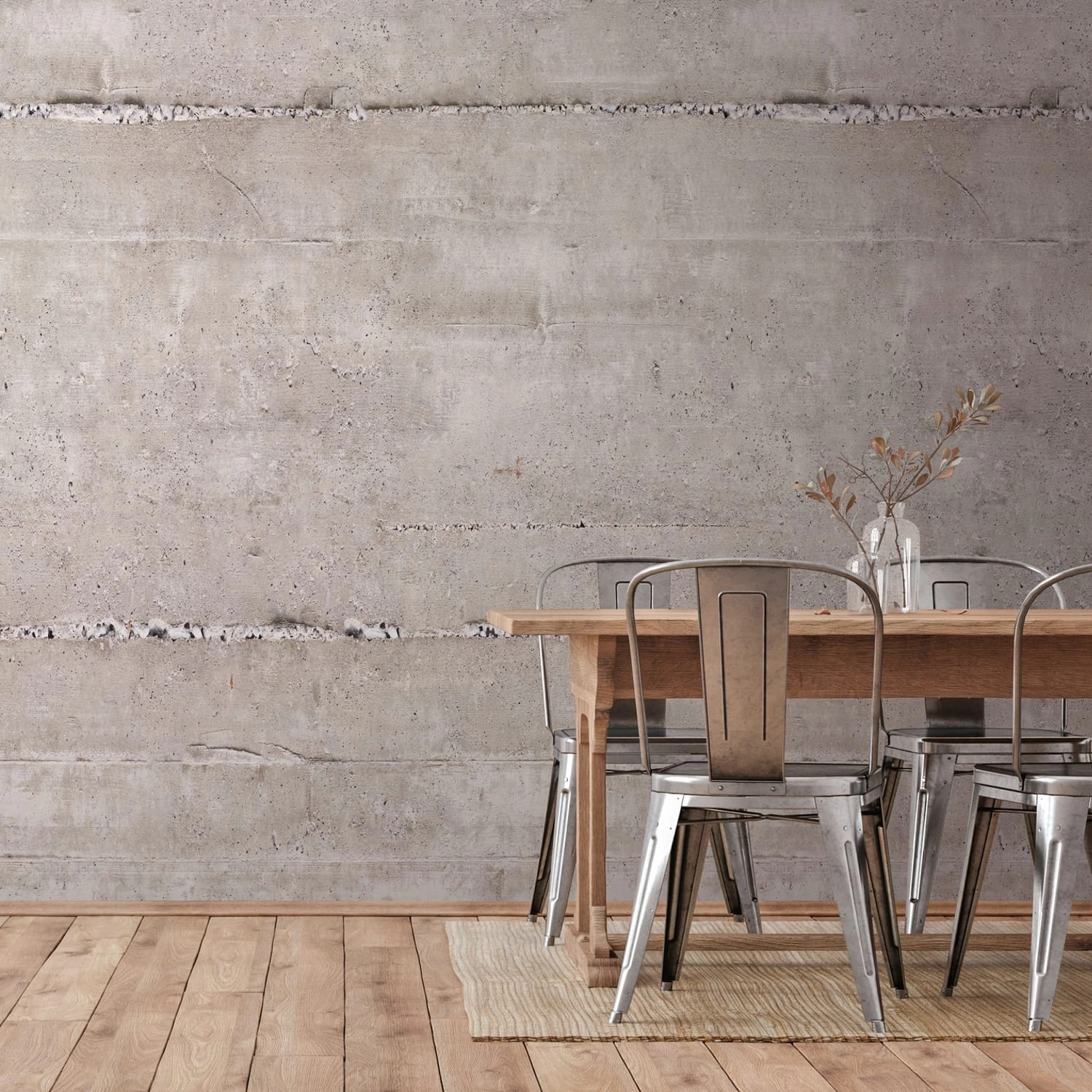 Fototapete Betonoptik Grau/Creme-Weiß im Raum mit Tisch und Stühlen.