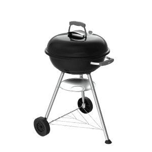 Schwarzer Weber Holzkohlegrill Compact Kettle 47 cm mit Deckel, Rädern und Ascheauffangschale.