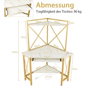 Weißer Costway Schreibtisch mit goldfarbenem Gestell und Aufsatzregal. Kompakter Bürotisch mit Ladestation.