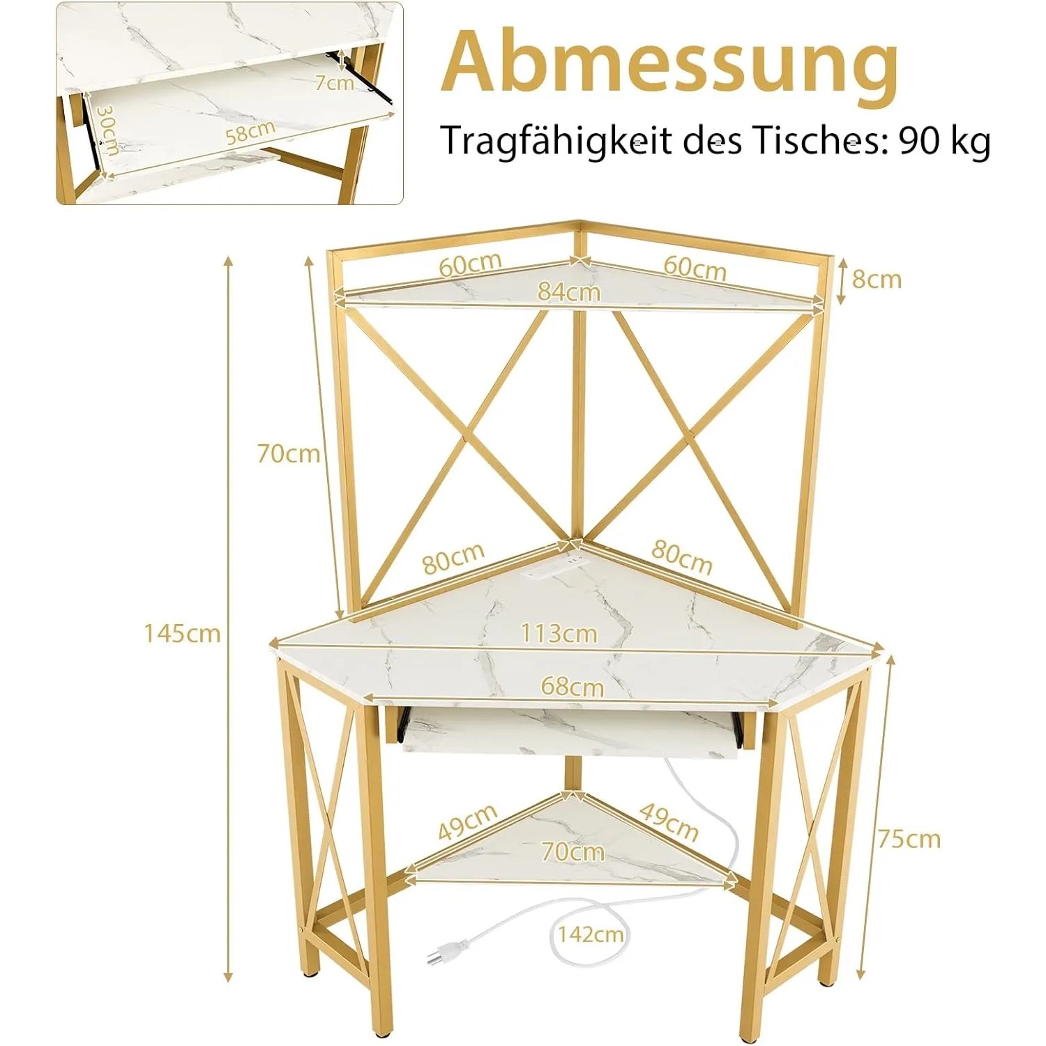 Weißer Costway Schreibtisch mit goldfarbenem Gestell und Aufsatzregal. Kompakter Bürotisch mit Ladestation.