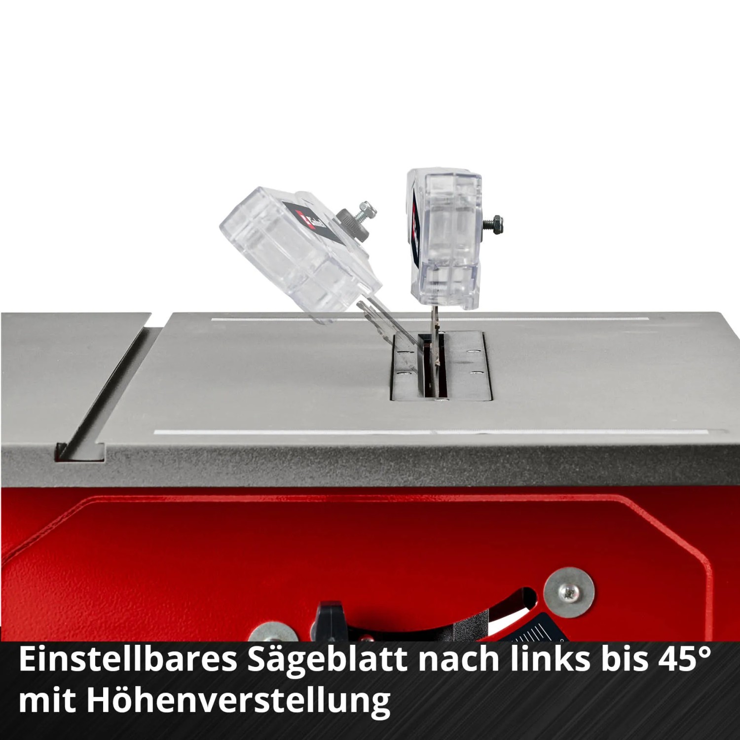 Einhell TC-TS 8 Tischkreissäge: Detailaufnahme des neigbaren Sägeblatts mit Höhenverstellung.