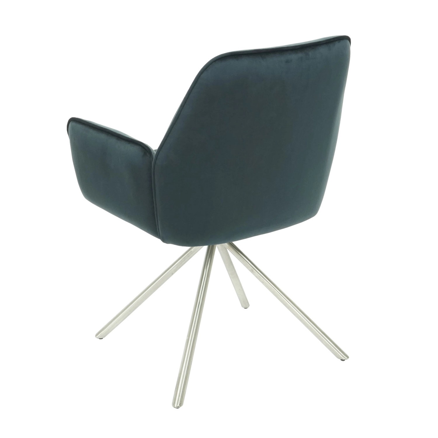 Grüner MCW Esszimmerstuhl G67 mit Edelstahlgestell, Rückansicht.