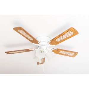 Weißer Pepeo Deckenventilator Kisa Deluxe mit Eiche/Walnuss Flügeln und Beleuchtung.