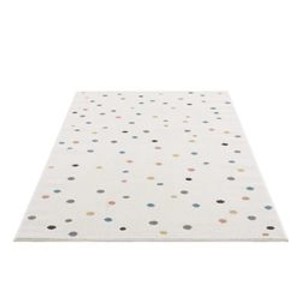 Cremefarbener Kinderteppich (80x150 cm) mit bunten Punkten für das Kinderzimmer.