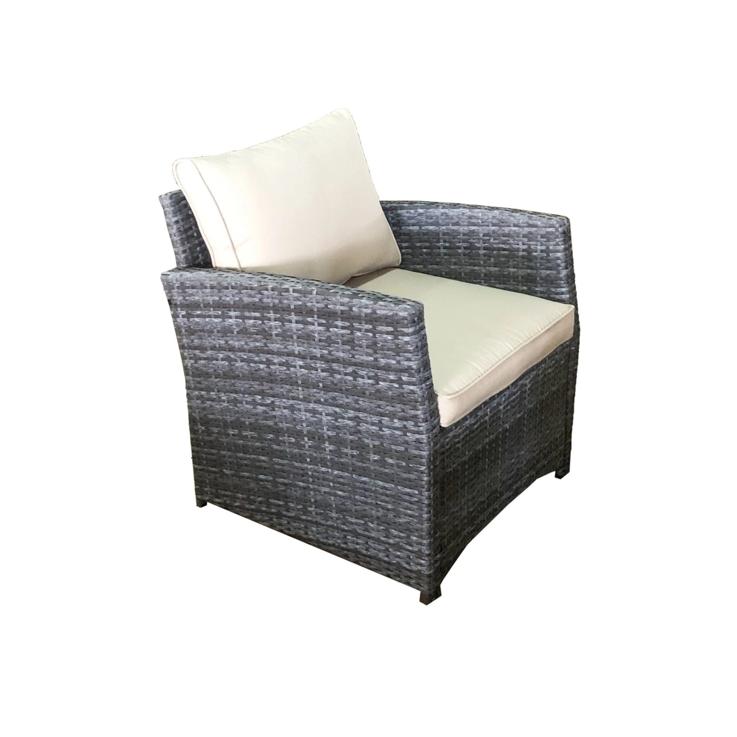 Grauer Rattan Sessel aus dem 7-teiligen Gartenmöbel Lounge-Set Havanna mit Sitzkissen.