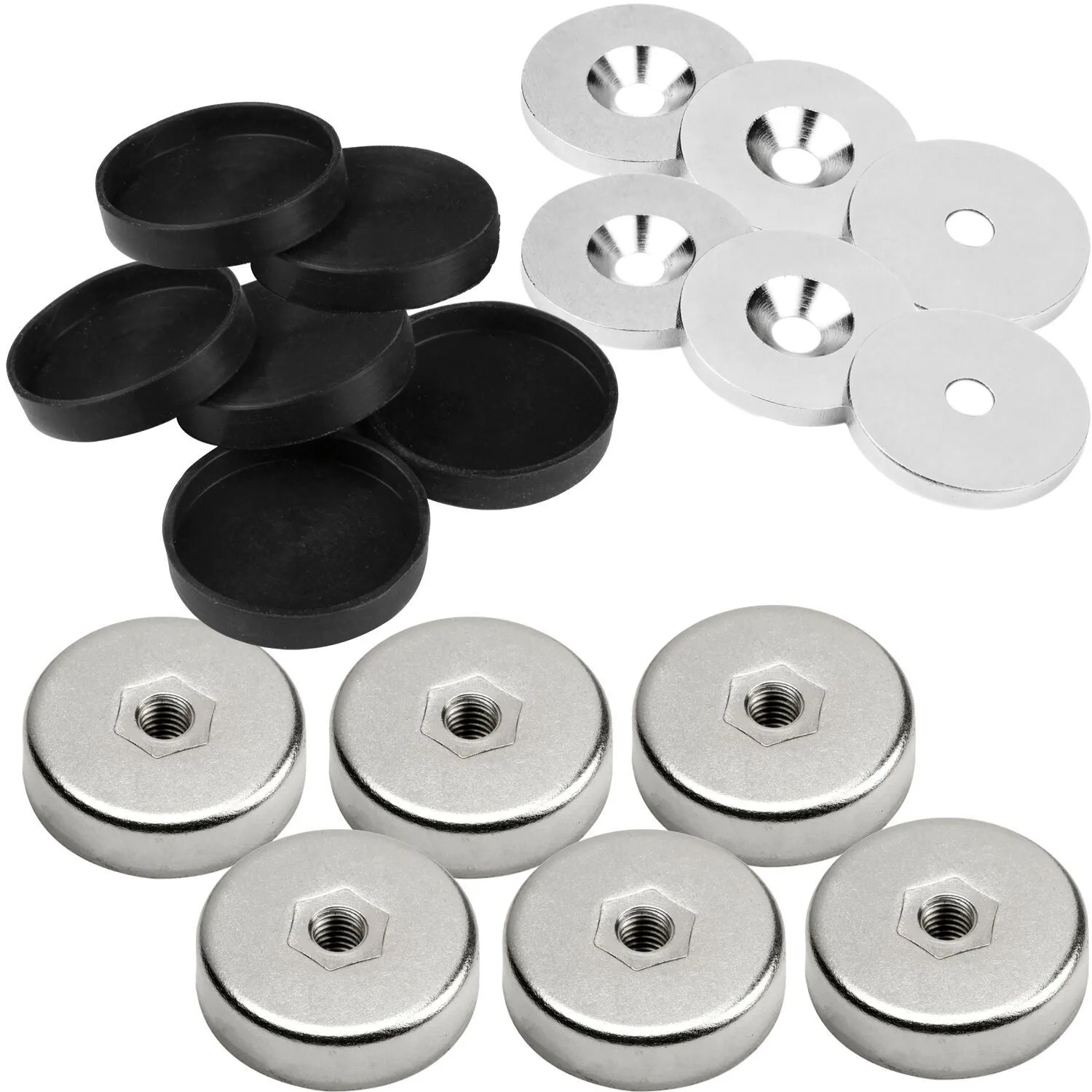 vasalat Topfmagnet Ø 25 mm mit Gewinde Metallscheiben & Gummikappen 18-teilig
