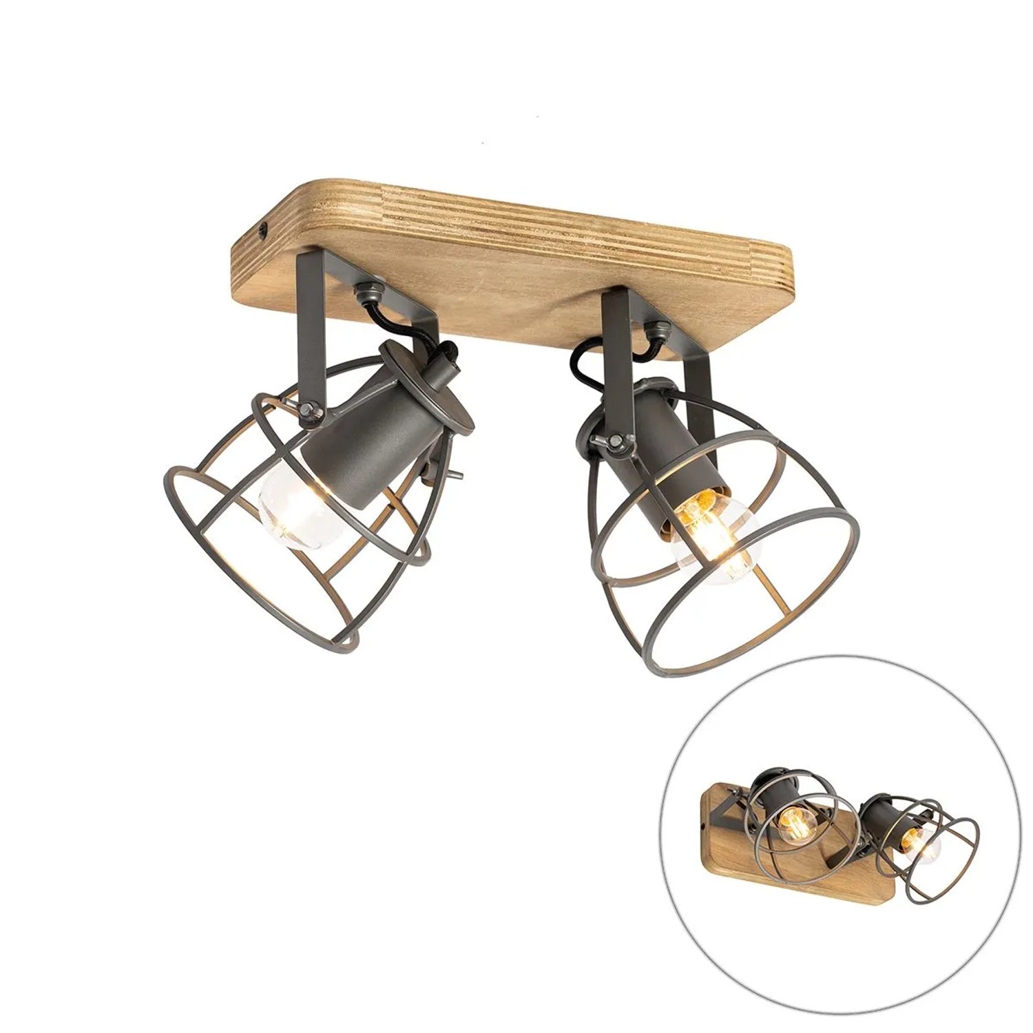 QAZQA IndustrieSpot Dunkelgrau mit Holz Verstellbar 2 Flammig   Arthur