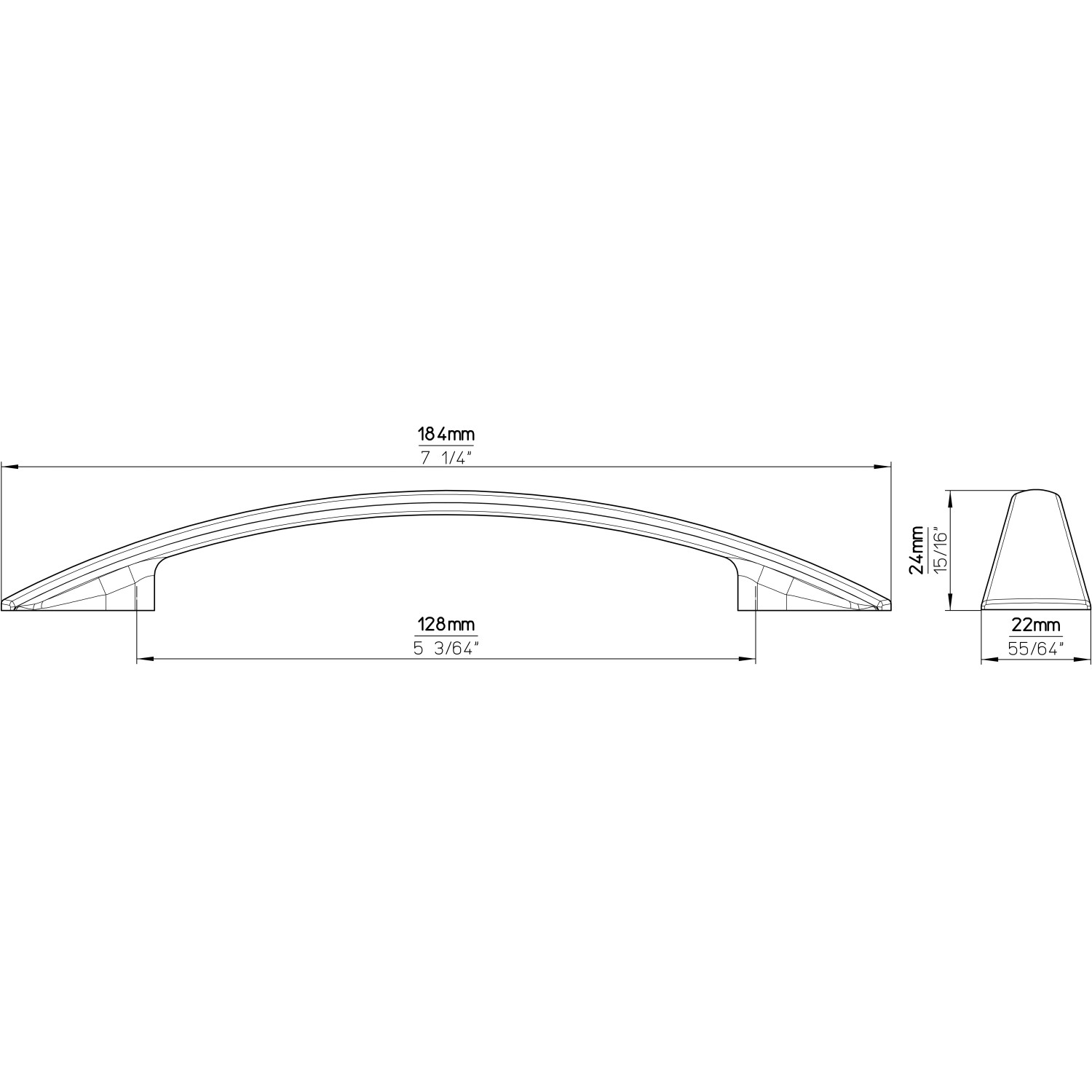 Technische Zeichnung: Siro Möbelgriff 2200, Metall Druckguss, Chrom glänzend, Lochabstand 128mm.