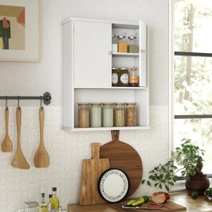 Weißer Costway Hängeschrank mit verstellbarem Regal und offenem Fach. Vielseitiger Badezimmerschrank für Stauraum in Bad & Küche.