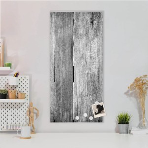 Silberne Magnettafel 37x78 cm mit Holz-Monochrom-Motiv und Magneten.