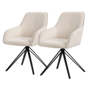 Zwei cremefarbene ML-Design Esszimmerstühle aus Textil Webstoff, drehbar, mit Rautensteppung und schwarzem Metallgestell.