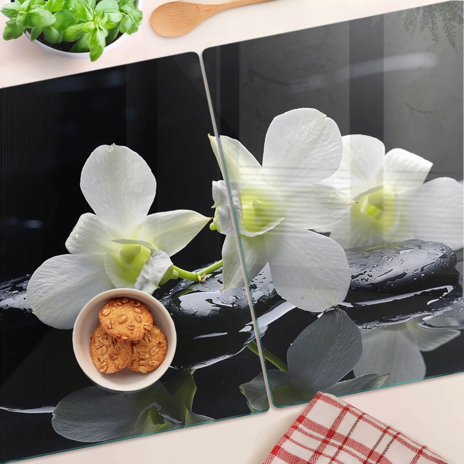 Tulup Herdabdeckplatte SET aus 2 Stück 40x52 cm Schneidebrett Glas Schutzplatte Küchenutensilien Abdeckung Orchidee_4