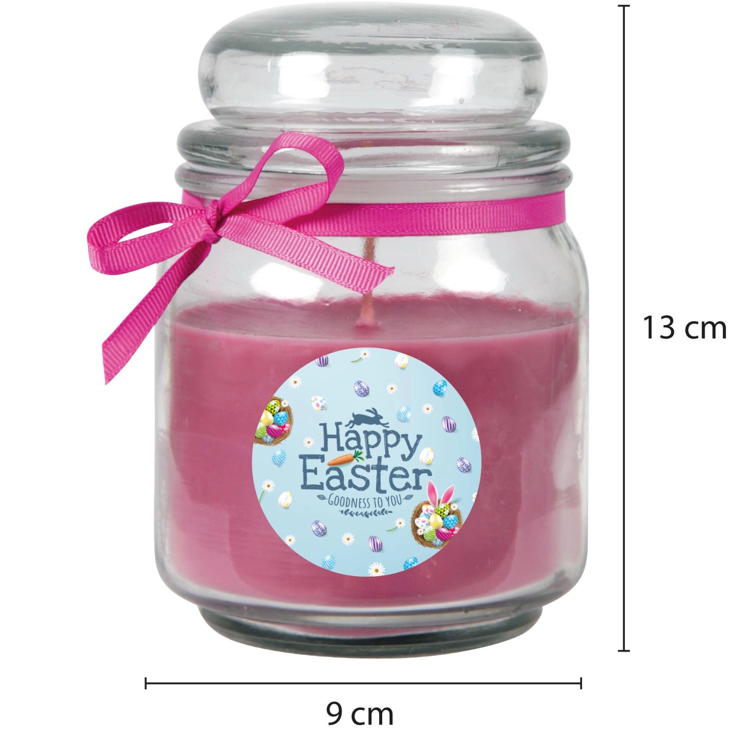 Duftkerze im Glas (lila/hellblau) mit Oster-Motiv und Schleife, 13x9cm. Perfekt für entspannte Ostertage.