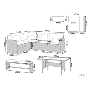 Technische Zeichnung des Beliani Lounge Sets Grau. Zeigt L-Sofa, Bank und Esstisch mit allen Maßen für Gartenmöbel.