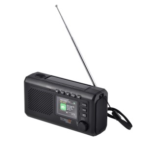 Schwarzes Technaxx Notfallradio mit Kurbel, Solarpanel, ausziehbarer Antenne und Display. Ideal für Outdoor & Camping.