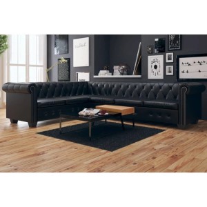 Schwarzes Chesterfield Ecksofa, 6-Sitzer, Kunstleder, mit Knopfheftung und Holzrahmen.