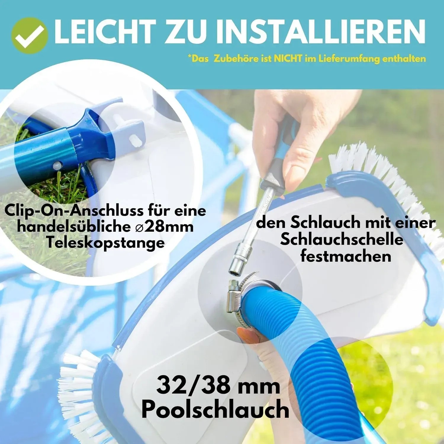 Amapool Bodensauger Set: Detailaufnahme von Schlauchanschluss und Teleskopstange. Poolreinigung leicht gemacht.