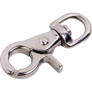Vernickelter Wirbel-Karabinerhaken, 57 mm, mit drehbarer Öse für Schlüsselanhänger oder Ausweise.