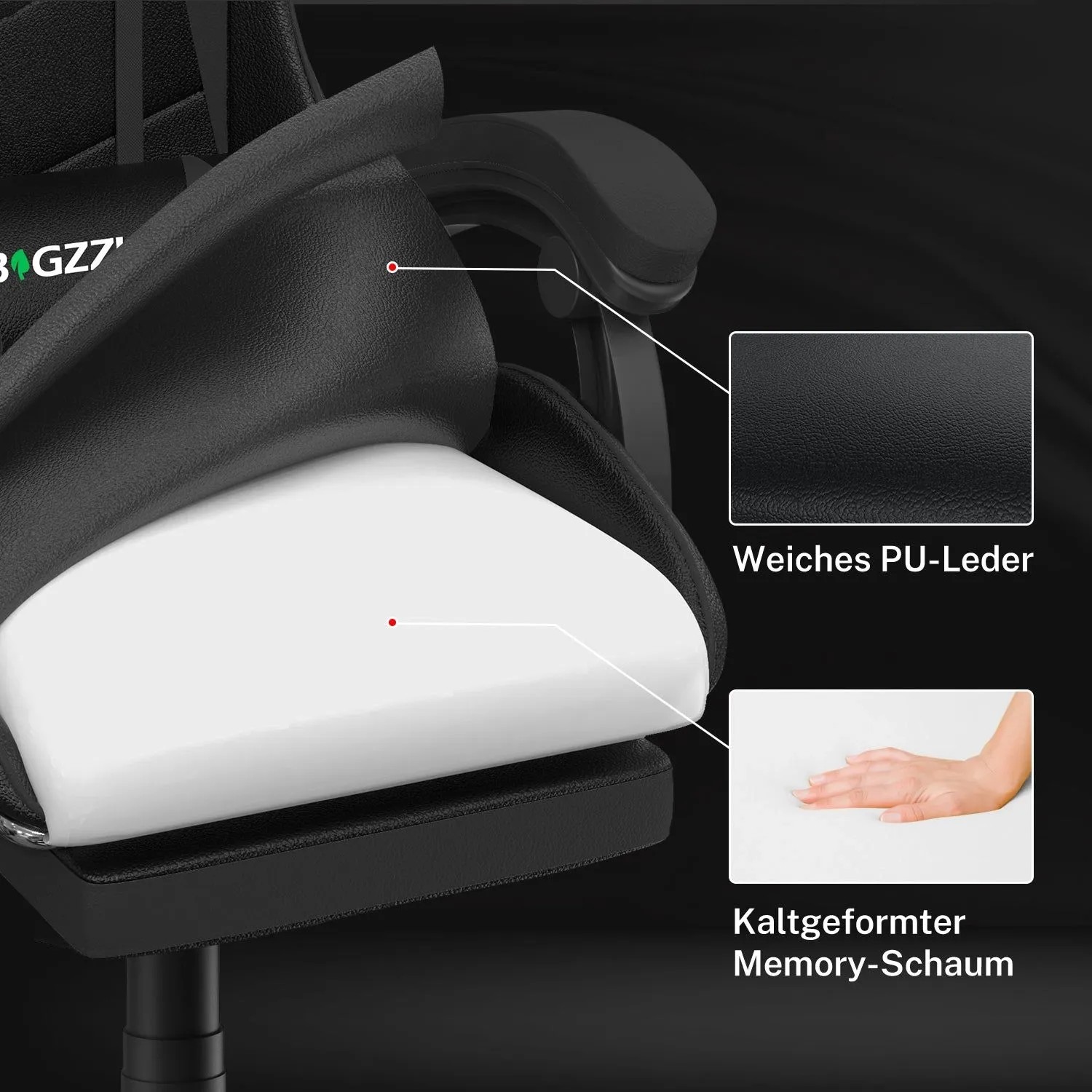 Detailaufnahme: Rattantree Gaming Stuhl mit Memory-Schaum und PU-Leder.