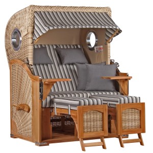 GarWoh Strandkorb Rantum Teak mit PE-Geflecht und grau-weiß gestreiftem Dessin.