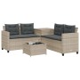 Hellgraues vidaXL Gartensofa in L-Form mit Tisch und grauen Kissen aus Polyrattan.