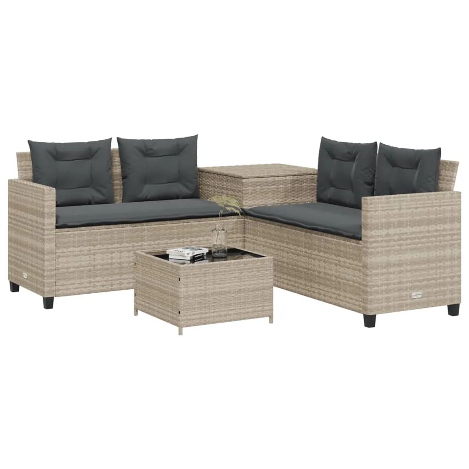 Hellgraues vidaXL Gartensofa in L-Form mit Tisch und grauen Kissen aus Polyrattan.
