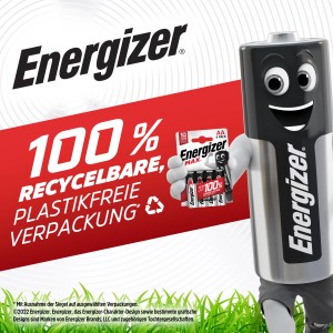 Energizer Max 9V E-Block Batterie 3er-Pack mit Maskottchen und recyclebarer Verpackung.