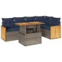 Graue 6-tlg. vidaXL Garten-Sofagarnitur aus Rattan mit Akazienholz und blauen Kissen.