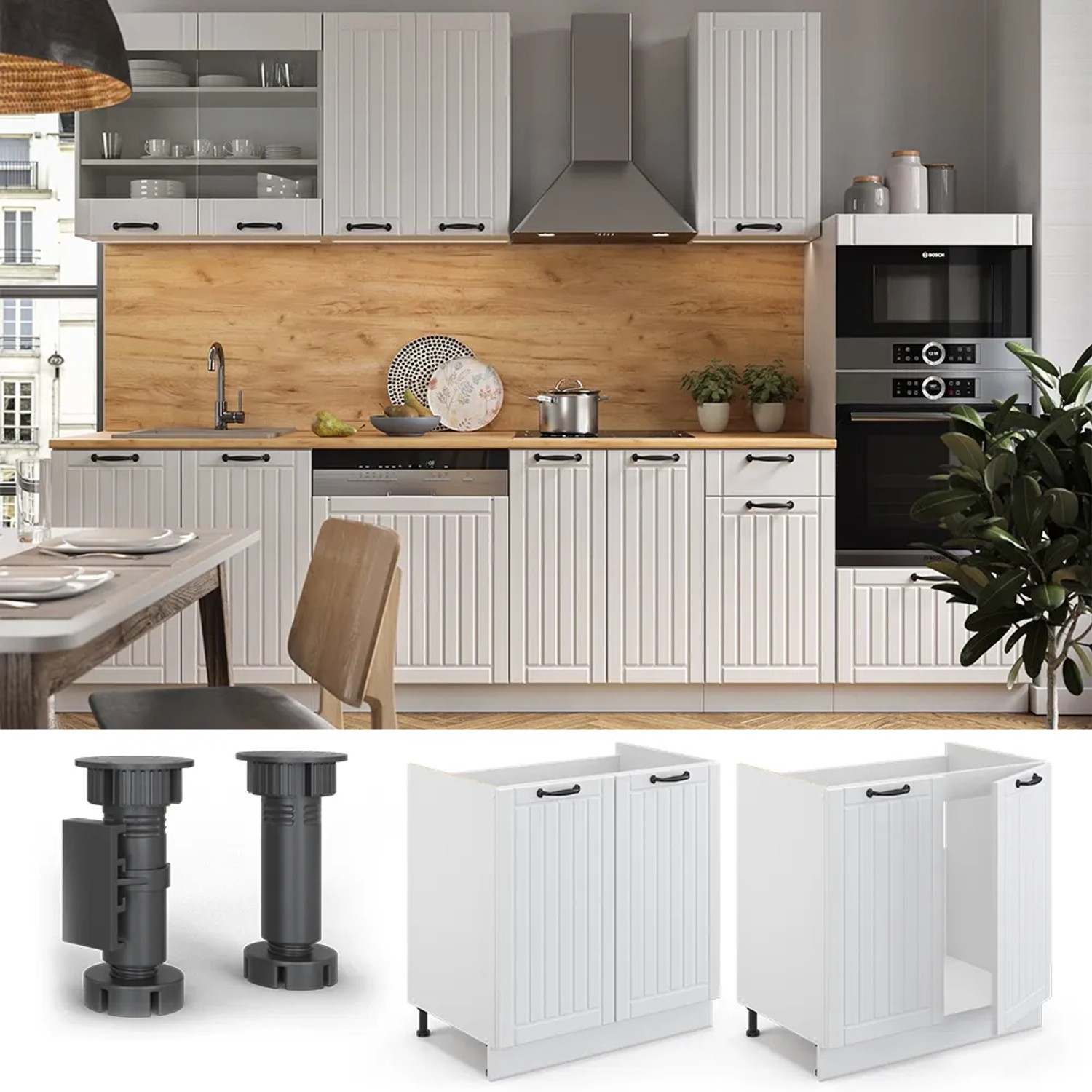 Vicco Spülenunterschrank Fame-Line, Landhausstil, 80 cm breit, mit anthrazitfarbener Arbeitsplatte.