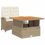Beige 2-tlg. Garten Essgruppe aus Polyrattan mit verstellbarem Tisch und Sessel mit Kissen.