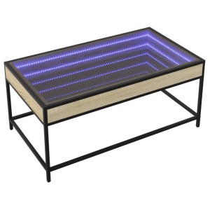 Rechteckiger Couchtisch Sonoma-Eiche mit Infinity-LED-Spiegel und schwarzem Metallgestell.
