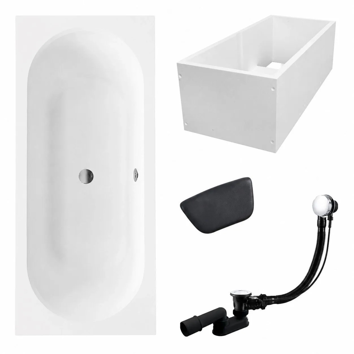 KOLMAN Rechteckbadewanne 160 x 75 cm mit Wannenträger mit Kopfstütze inkl. Ablauf und Füße