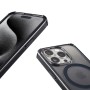 Schwarze Hama Handyhülle für iPhone 16 Pro. Transparentes Design, MagSafe-Ring, verstärkte Ecken, erhöhte Ränder.