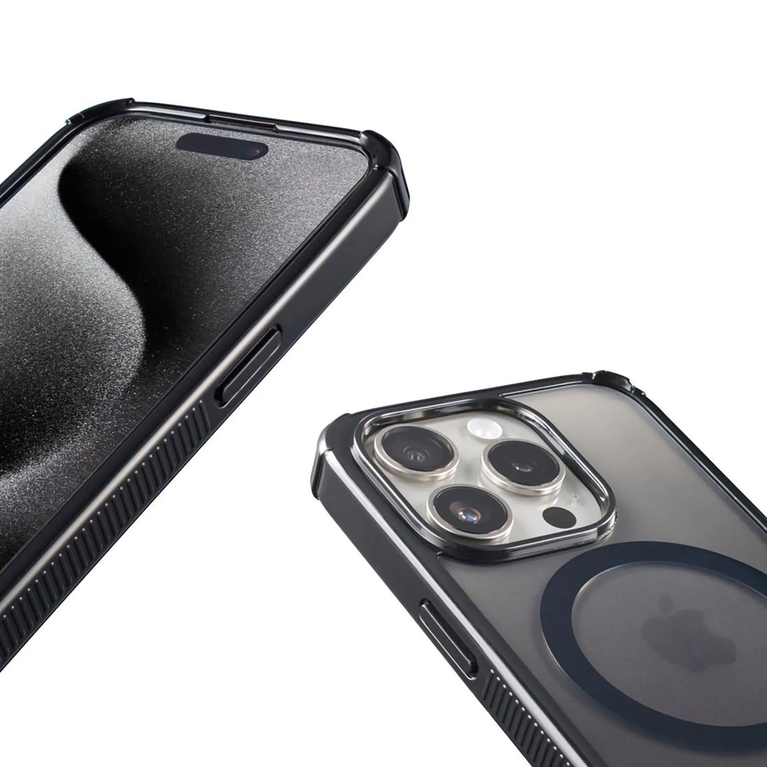 Schwarze Hama Handyhülle für iPhone 16 Pro. Transparentes Design, MagSafe-Ring, verstärkte Ecken, erhöhte Ränder.