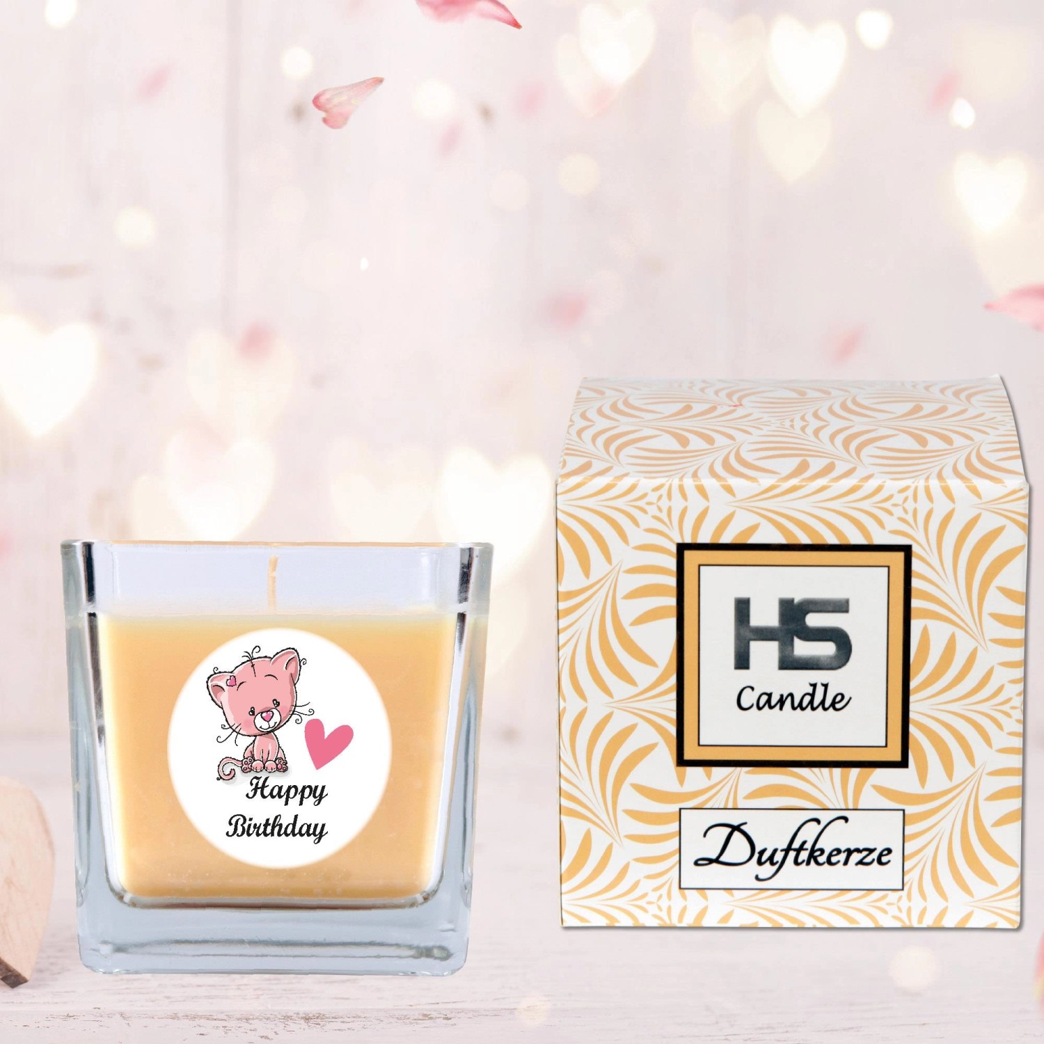 HS Candle Duftkerze Happy Birthday mit Katzenmotiv im Glas und Geschenkverpackung.