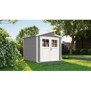 Graues Weka Holz-Gartenhaus mit Pultdach und weißen Türen im Garten.