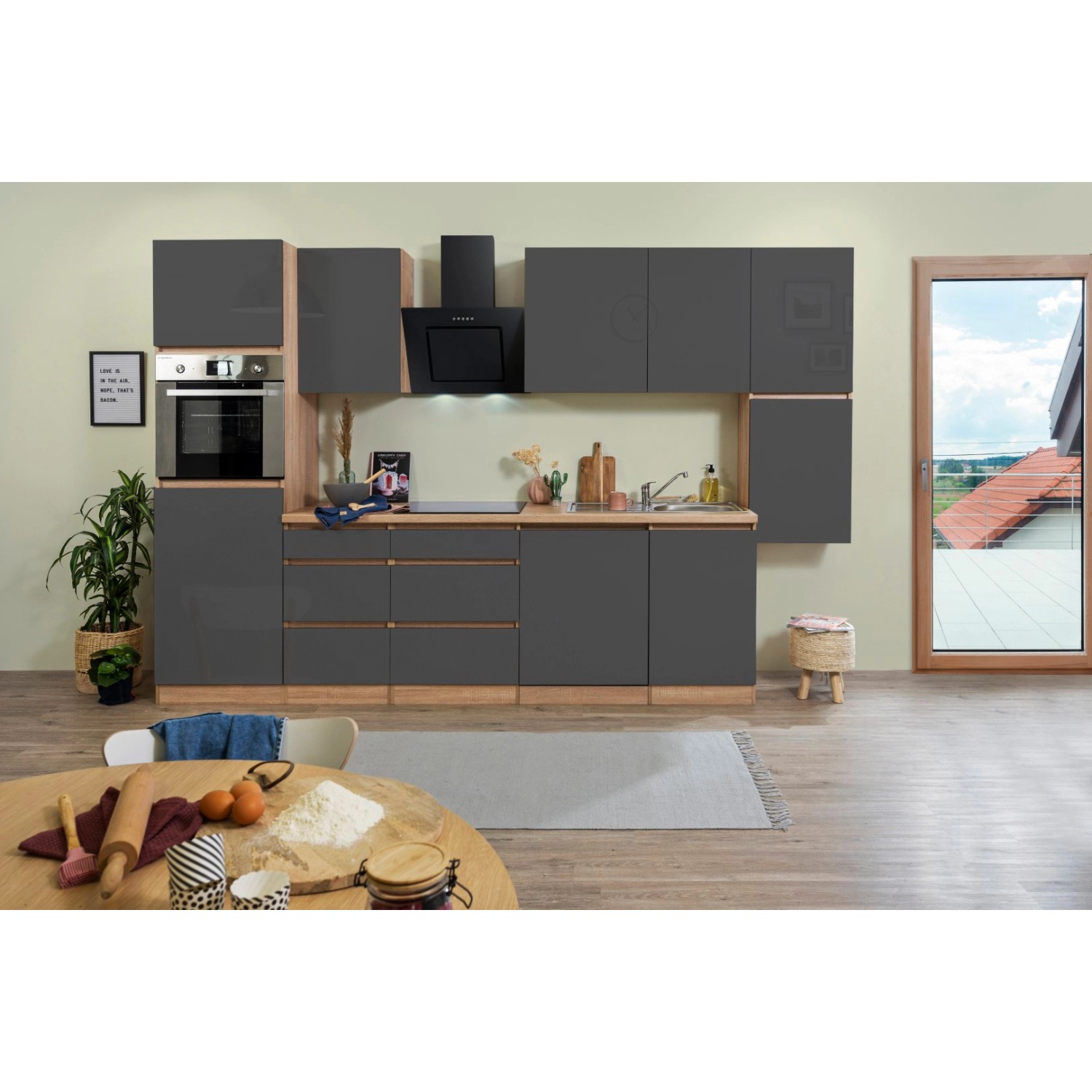 Respekta Küchenzeile/Küchenblock ohne E-Geräte 330 cm Grifflos Grau Hochglanz-Eiche Sägerau