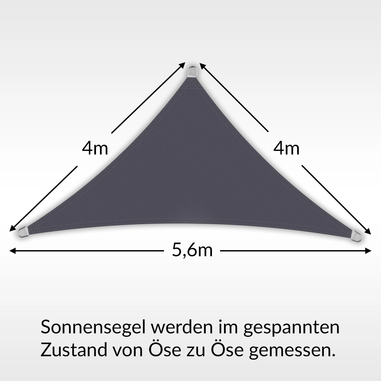 Anthrazitfarbenes, dreieckiges Sonnensegel (4x4x5,6m) mit Maßangaben.